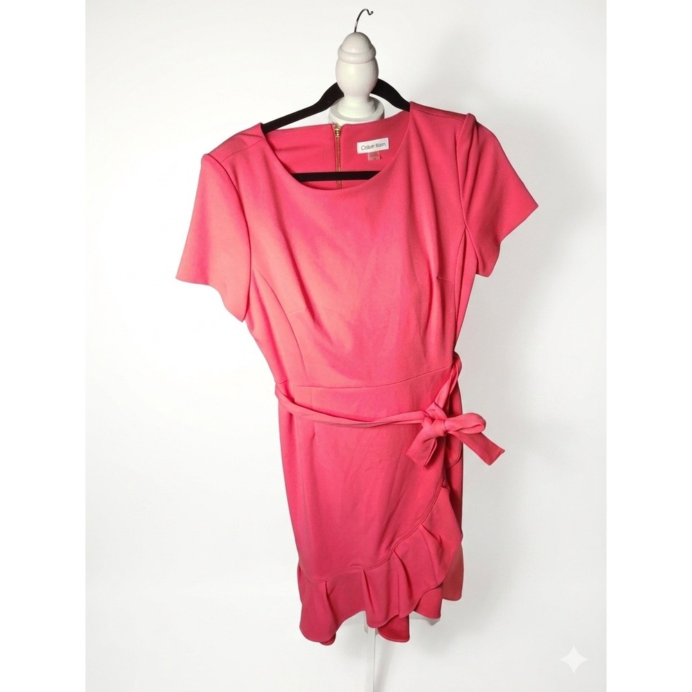 Calvin Klein Womens Coral Pink Ruffle Hem‎ Belted Sheath Dress Size 14